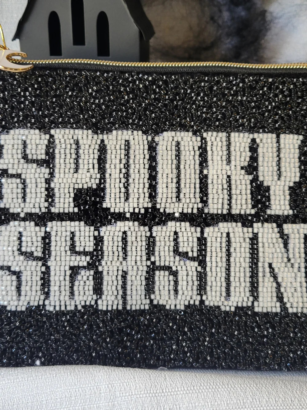 Beaded 'Spooky Season' Black Cosmetic Pouch